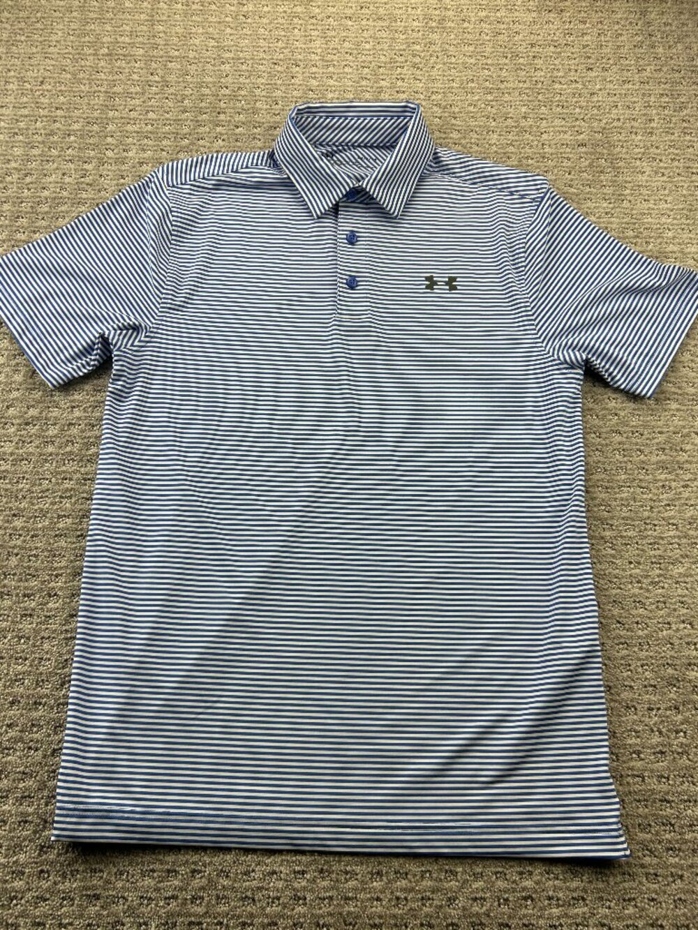 Under Armour UA Golf Shirt Men Small S Blue White Stripes Loose Heatgear Golfer